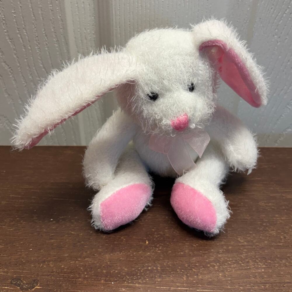Prima Creations Bunny Rabbit 6" Sitting White Pink Bow Plush Stuffed Animal